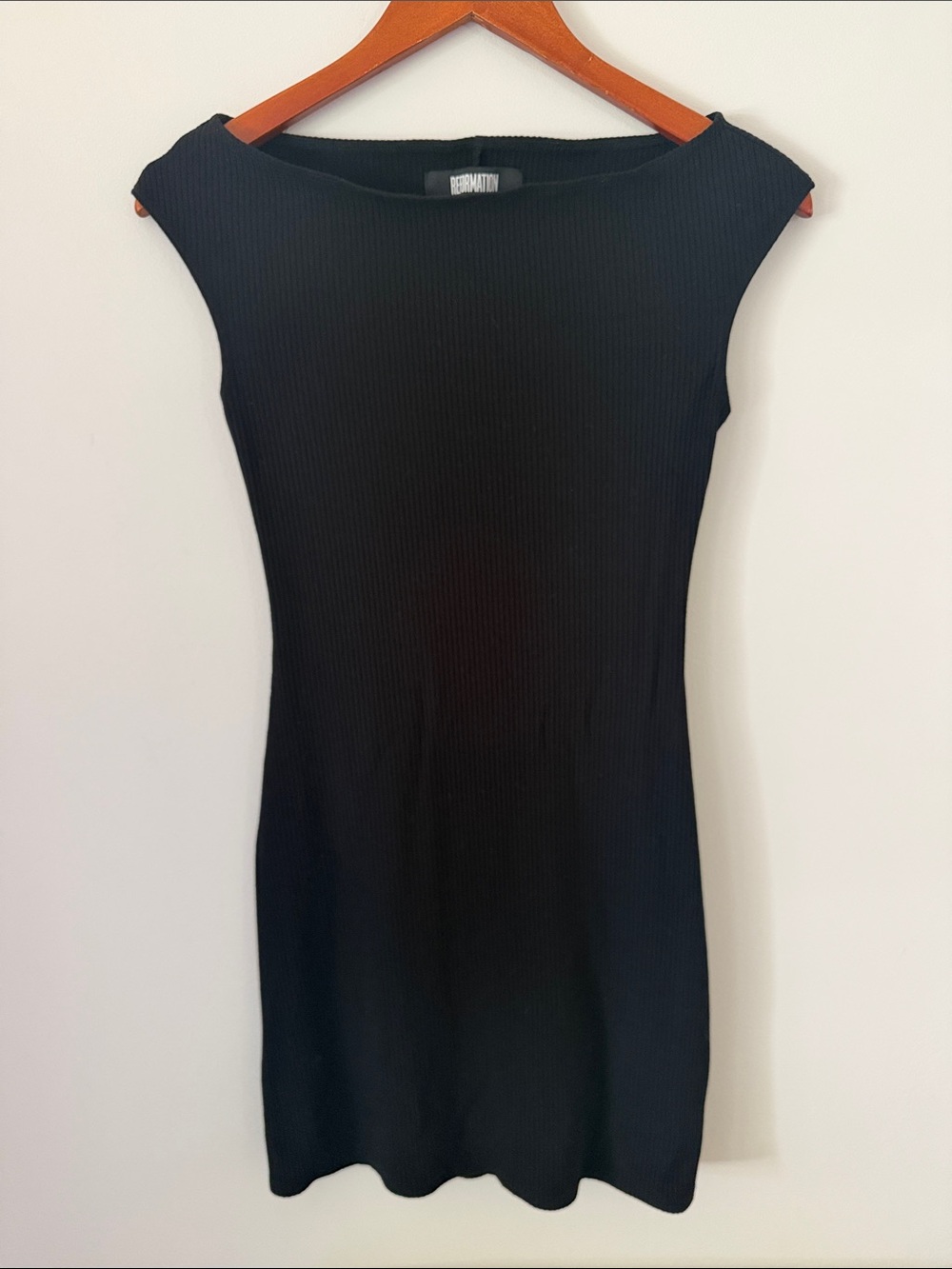 Reformation Black Ribbed Boat Neck Bodycon Dress Size S